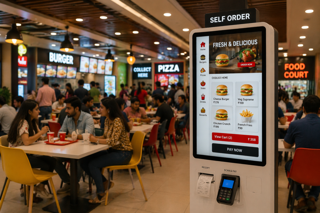 modern food court with self order kiosk